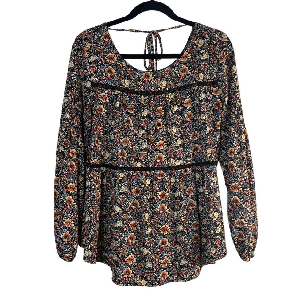 Knox Rose Floral Boho Peasant Blouse Long Sleeve Lace Trim Babydoll Top Small